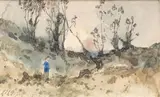 Chemin vallonné bordé d'arbres, animé d'un personnage en bleu, en fin de journée by Henri Harpignies, Aquarelle sur papier, sold Jan 2026