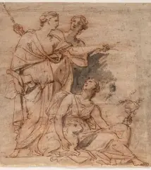 Les trois muses by Ludovico Dorigny, Plume, encre brune, sanguine et lavis de gris, sold Nov 2025