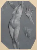 Nu debout les bras levés by Nicolas François Octave Tassaert, 1850, Pierre noire, rehauts de blanc et de gouache sur papier bleu gris, sold Nov 2025