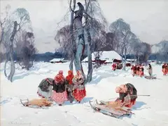 Paysannes dans la neige by Stepan Kolesnikov, Gouache sur carton, sold Nov 2025