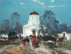 Après la messe by Stepan Kolesnikov, Gouache sur carton, sold Nov 2025