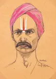 Portrait d'un homme indien moustachu, portant un turban rose et des peintures faciales by Léa Lafugie, Pierre noire et gouache sur papier Localisé et signé en bas à droite : Madras, sold Mar 2024