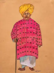 Portrait d'un homme indien de qualité, moustachu, portant tunique rose et turban or by Léa Lafugie, Pierre noire et aquarelle sur papier, sold Mar 2024