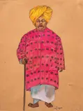 Portrait d'un homme indien de qualité, moustachu, portant tunique rose et turban or by Léa Lafugie, Pierre noire et aquarelle sur papier, sold Mar 2024