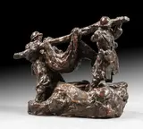 Dans les boues de la Somme by Gaston Broquet, Bronze à patine brun foncé, représentant deux brancardiers transportant un blessé dans une, sold Mar 2024