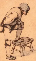 Personnage, une cruche à la main un pied posé sur un escabeau by Adriaen van Ostade, Plume et encre brune, lavis gris, rehauts d'aquarelle et crayon noir, sold Mar 2024