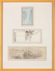 Trois dessins sous un même encadrement représentant des ruelles et immeubles by Théophile Steinlen, Crayon bleu et crayon sur papier avec cachet, sold Oct 2025