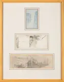 Trois dessins sous un même encadrement représentant des ruelles et immeubles by Théophile Steinlen, Crayon bleu et crayon sur papier avec cachet, sold Oct 2025