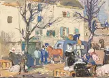 Scène de marché en Bretagne by Lucien Simon, Gouache sur papier signé en bas à gauche, sold Oct 2025