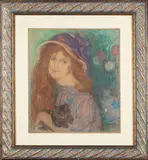 Jeune fille au chat by Edmond Francois Aman-Jean, Pastel sur papier, sold Oct 2025