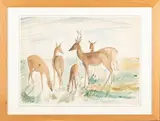 Cerf, biches et faons by Paul Simon, Aquarelle et encre sur papier, sold Oct 2025