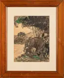 Eléphant et son petit en bord de rivière by Paul Simon, Aquarelle et encre sur papier, sold Oct 2025