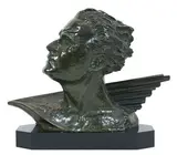 Mermoz de profil by Frédéric C. Focht, Bronze à patine verte sur socle de marbre noir, sold Dec 2025