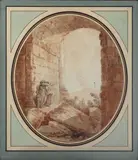 Famille sous une arche antique en bord de mer by Hubert Robert, Plume et encre noire, sur traits de crayon noir, lavis brun et bistre, sold Nov 2025