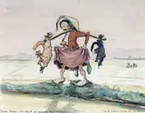 En allant au marché aux chiens by Henri Mege, Aquarelle et encre humoristique sur papier encadrée signée en bas à droite, sold Apr 2019