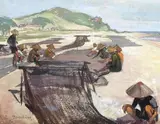 1er Grand Prix de Rome, 1925. LA REPARATION DES FILETS by Évariste Jonchère, Gouache sur papier encadrée signée en bas à gauche, sold Oct 2018