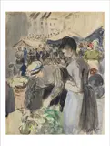 Le Marché à Pontoise, circa 1884 by Camille Pissarro, Aquarelle sur papier, sold Jun 2021
