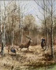 Chasseur et cerf dans les bois by Arnaud Freminet, Aquarelle, sold Feb 2024
