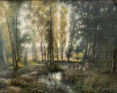 Fermière et oies près d'une marre en sous bois by Paul B. Pascal, 1879, Pastel sur papier, sold Feb 2024
