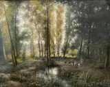 Fermière et oies près d'une marre en sous bois by Paul B. Pascal, 1879, Pastel sur papier, sold Feb 2024