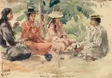 Tahiti vahine i Faaa" ou "Tea-time on Faaa by Charles Nicolas Sarka, Aquarelle signée et située en bas à gauche, sold Apr 2023