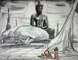 Moines et Bouddha au Laos by André Maire, 1955, Fusain et pastel signé et daté en bas à gauche, sold Apr 2023