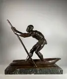 Piroguier africain by Arthur Dupagne, Epreuve en bronze à patine brun nuancé, sold Apr 2023