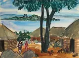 Village de bord de mer à Madagascar by Élisabeth Faure, Aquarelle signée en bas à gauche, sold Apr 2023