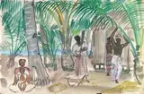 Village animé près de la côte by Élisabeth Faure, Aquarelle signée et située en bas à droite, sold Apr 2023