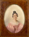 Portrait de femme en robe rose. Miniature à vue ovale by Jean Edmé Delacluze, Crayon et aquarelle sur papier signé en haut à gauche, sold Feb 2023
