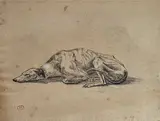 Lévrier couché by Paul Huet, Crayon noir et rehauts de craie blanche sur papier, sold Feb 2023