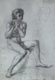 Joueur de flute by Paul Huet, Crayon noir sur papier bleu contrecollé, sold Feb 2023