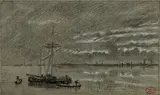 Les bateaux de pêche by Paul Huet, Crayon noir et rehauts de craie blanche sur papier gris contrecollé, sold Feb 2023