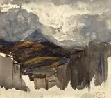 Paysage d'Auvergne by Paul Huet, Aquarelle sur papier contrecollé, sold Feb 2023