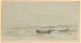 Le Tréport by Paul Huet, Crayon noir sur papier gris situé en bas à droite, contrecollé, sold Feb 2023