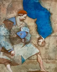 Vice Versa by Miguel Condé, 1987, Aquarelle et gouache sur papier ancien signé en bas au milieu et daté en bas à droite, sold Feb 2023