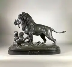 Premier gibier by Paul Edouard Delabrierre, Epreuve en bronze à patine brun nuancé vert, sold Feb 2023