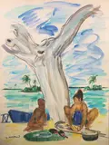 Plage à Tahiti by Stéphane Magnard, Aquarelle et gouache signée en bas à gauche, et située au crayon à droite, sold Oct 2022