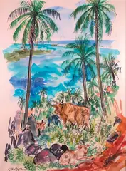 Vaches avec vue à Tahiti by Stéphane Magnard, Gouache signée en bas à gauche, sold Oct 2022