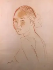 Vahiné à Tahiti by Stéphane Magnard, Sanguine signée en bas à gauche, et située au crayon à droite, sold Oct 2022