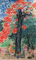 Flamboyant à Tahiti by Stéphane Magnard, Aquarelle et gouache signée en bas à gauche, sold Oct 2022