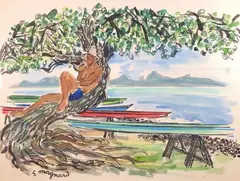Farniente près des pirogues à Tahiti by Stéphane Magnard, Aquarelle signée en bas à gauche, sold Oct 2022