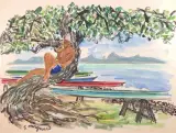 Farniente près des pirogues à Tahiti by Stéphane Magnard, Aquarelle signée en bas à gauche, sold Oct 2022
