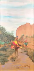 Caravane au gué by Alphonse Rey, Aquarelle gouachée signée en bas vers la droite, sold Oct 2022