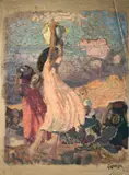 Six dessins : - Porteuses d'eau by André Lagrange, Gouache sur papier calque, sold Oct 2022