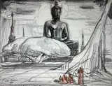 Moines et Bouddha au Laos by André Maire, 1955, Fusain et pastel signé et daté en bas à gauche, sold Oct 2022