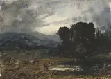 Un petit étang sur la colline, soir nuageux by Paul Huet, Aquarelle, sold Oct 2022