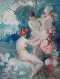 Jeunes femmes entourant un buste de Satyre by Antoine Calbet, Aquarelle signée en bas à gauche, sold Mar 2016