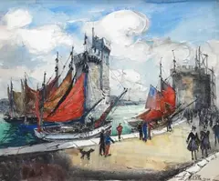 Voiliers auprès des tours de l'entrée du port de La Rochelle by Frank-Will, 1926, Aquarelle signée et datée en bas à droite, sold Mar 2016