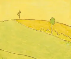 PEC - Yellow Fields by Barker Fairley, 1974, oil on board, sold Feb 2025